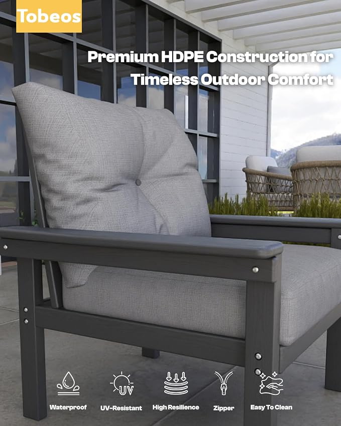 HDPE 3 Piece Patio Furniture Set, All-Weather Outdoor Couch Bistro Set with Thick Cushions & Side Table, Patio Conversation Sets for Lawn, Porch, Garden, Balcony, Deck, Poolside, Grey & Grey