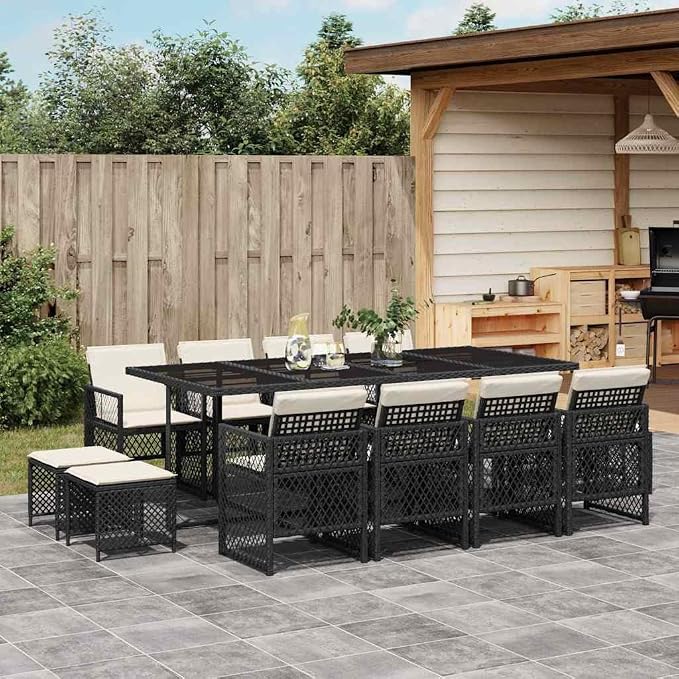 13-Piece Garden Dining Set, Modern Poly Rattan Outdoor Patio Furniture with Large Rectangular Table, 8 Chairs and 4 Stools for 12 People, Black and Cream White