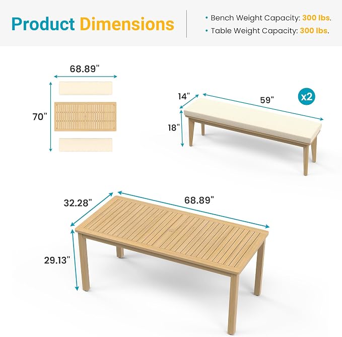 FansaFurn 3-Piece Acacia Patio Table and Chairs Set for All-Weather | Outside Furniture with Table Umbrella Hole and Removable Cushion, Backyard Furniture with Outdoor Bench for Garden Lawn