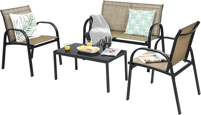 Tangkula 4 Pieces Patio Furniture Set, Metal Frame Heavy Duty Outdoor Conversation Set, Includes Glass Top Coffee Table, 2 Armrest Chairs and Loveseat, Suitable for Lawn Garden Porch Balcony (Brown)