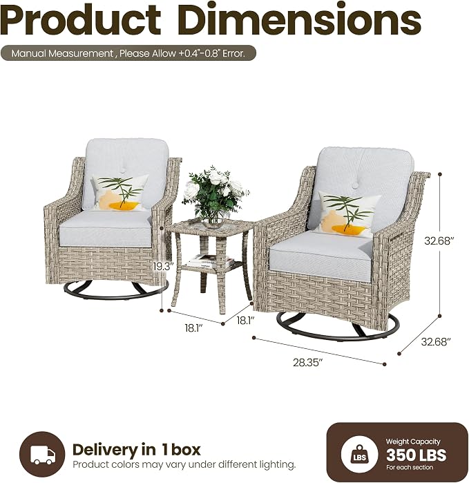 3 Piece Patio Furniture Set, Outdoor High Back Swivel Rocker Chairs Set of 2 with Side Table, All Weather Wicker Glider Chair with Thick Cushions for Backyard Balcony Porch, Grey
