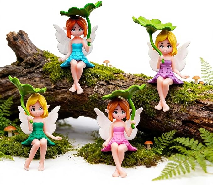 Miniature Fairy Figurines - 4Pcs Flower Small Fairies Ornaments Resin Mini Fairy Figurines Tiny Elf for DIY Fairy Garden Flower Pot Bonsai Micro Landscapes Craft Decoration Accessories (lotus leaf)