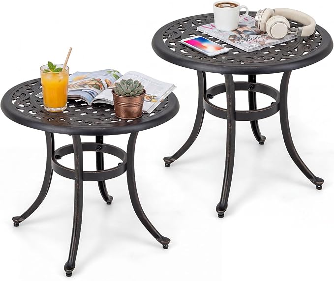 Giantex Patio Bistro Table Set of 2, 24" Cast Aluminum Round Side Table, Outdoor Coffee Table for Porch, Pool, Backyard, Garden, Balcony