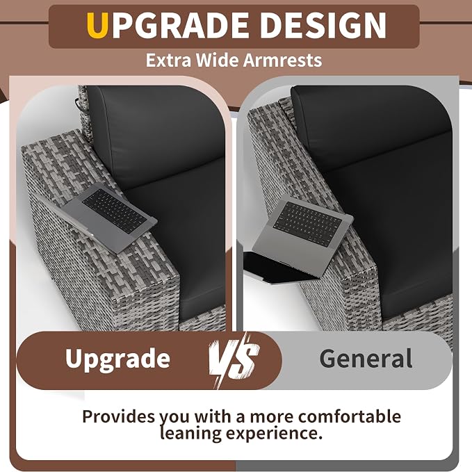 Outdoor Patio Furniture Set, 8'' Wide armrest Outdoor Sectional Rattan Sofa Set, Wicker Patio Furniture Sets w/Coffee Table,Thick Cushions and Cover for Porch, Balcony,Deck 6 PCS(Grey&Black)