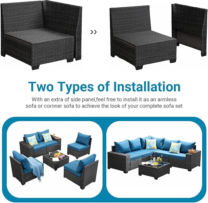 Patio Furniture Set, 6 Pieces Outdoor Couch Sofa with Wider Armrests & Glass Coffee Table, Outdoor Sectional Furniture with Thick Cushions for Party, Poolside,Garden-Peacock