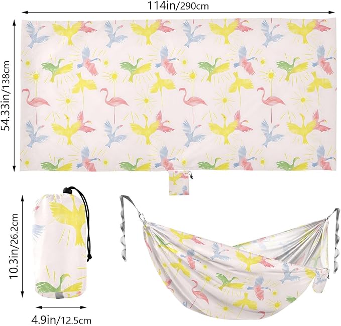 Camping Hammock Outdoor Hammocks for Outside Pink Egret Heron Beach Trees Portable Lightweight with Pockets Tree Straps Indoor Small