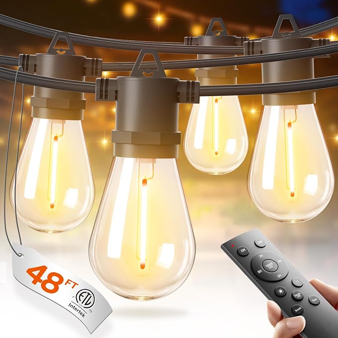 addlon 48FT Outdoor String Lights with 24 Dimmable Edison Bulbs for Patio | UL Listed, Remote Control. Waterproof Shatterproof Bulbs, Timer, Linkable, 2700K Warm White. Backyard, Pergola, Deck, Garden.