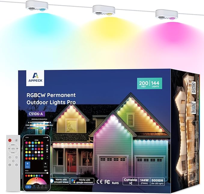 APPECK Permanent Outdoor Lights Pro, 200ft with 144 RGBCW Eaves Lights | Dual Lens, 144W, 80lm, Cuttable, IP67 Waterproof Lighting for Daily and Holiday Decor, Compatible with Alexa, White