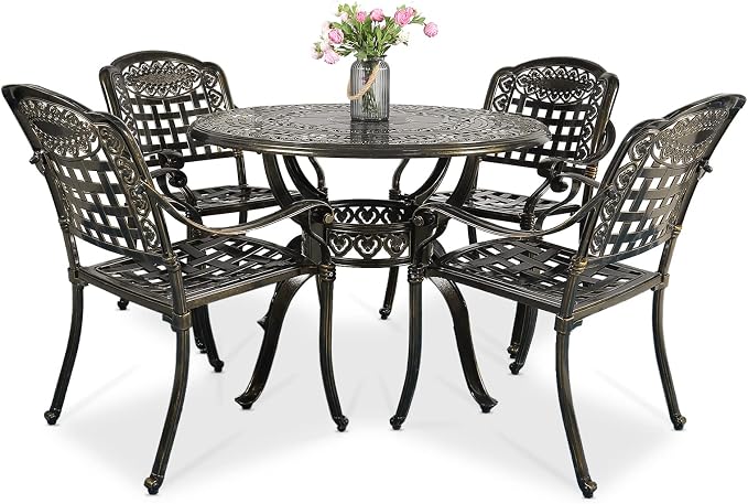 VIVIJASON 5-Piece Patio Furniture Dining Set, All-Weather Cast Aluminum Outdoor Conversation Set, Include 4 Chairs and 1 Round Table w/Umbrella Hole for Balcony, Lawn, Garden, Backyard