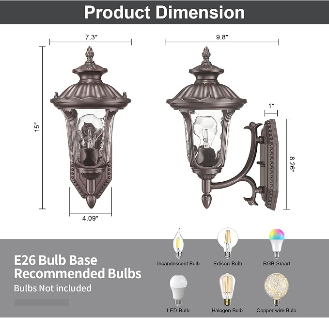 Outdoor Light Fixtures Wall Mount, Waterproof Exterior Wall Lanterns with Waer Ripple Glass, Outside Sconces, Front Porch Lights for House Garage Doorway Patio, 15'' Small Oil-Rubbed Bronze