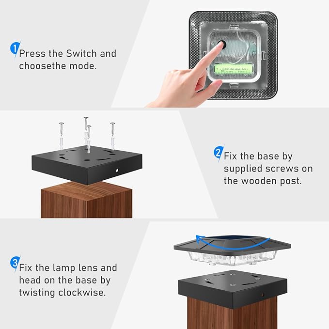4x4 Solar Post Cap Lights Outdoor with 3 Modes, LED Post Light Solar Powered Waterproof, Wood/Vinyl Fence Posts Lights for Deck Railing Mailbox