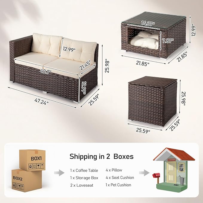 Outvita 4 Piece Outdoor Patio Furniture Set, PE Rattan Conversation Sofa Set, Wicker All-Weather Outside Furniture w/Glass Top Coffee Table with Pet Ped & Hidden Storage for Garden, Balcony (Brown)