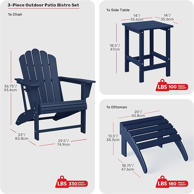 Costaelm Lakeview 3-Piece Adirondack Chair with Cup Holder and Folding Ottoman and Table Set, Navy Blue