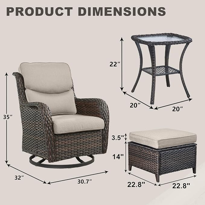 Rilyson Wicker Patio Furniture Set - 5 Piece Rattan Outdoor Sectional Conversation Sets with 2 Swivel Rocking Chairs,2 Ottomans and 1 Side Table for Porch Deck Garden(Brown/Beige/Smile)