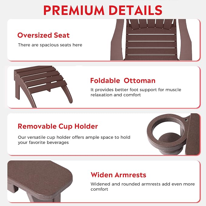 Costaelm Lakeview 2-Piece Outdoor Patio HDPE Adirondack Chair with Ottoman and Cup Holder Set, Dark Brown