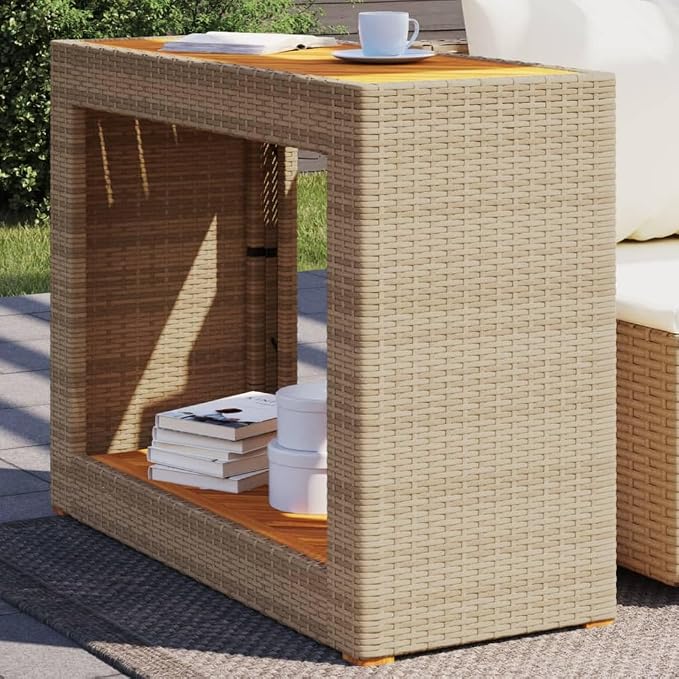 Outdoor Patio Side Table Beige Poly Rattan with Wooden Top 39.4" x 15.7" x 29.5" Coffee Small Side Table for Garden, Patio, Balcony, Backyard, Living Room