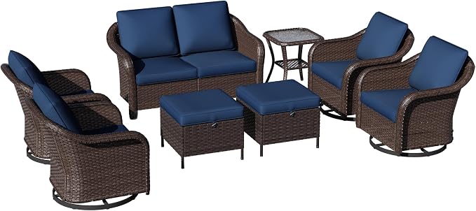 8 Piece Patio Wicker Conversation Set, All-Weather Use Outdoor Wicker Loveseat with 2 PE Rattan Ottomans,4 Swivel Chair, 1 Side Table, Ideal for Porch, Backyard, Balcony, Poolside, Blue