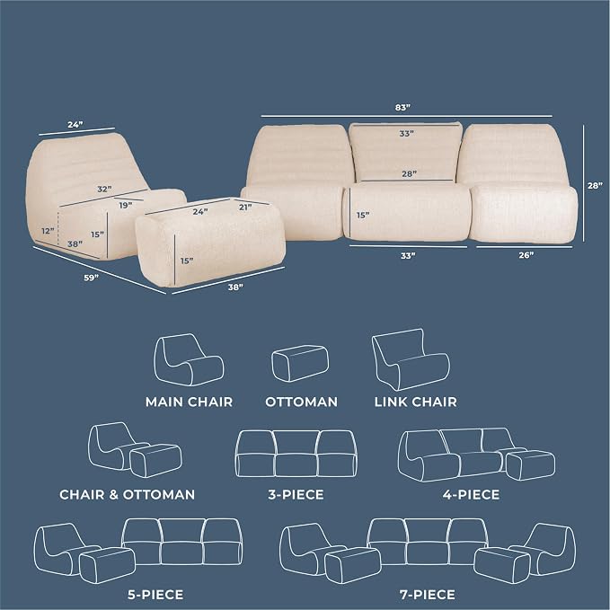 Big Joe Solvana Outdoor Sectional, 5 Piece Patio Furniture Set, Performance Linen Weather-Resistant Fabric Sofa, Sunlit Cream