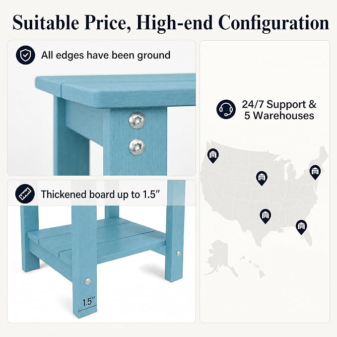 MXIMU Outdoor Side Table Set of 2: Heavy-Duty Sturdy Warp Resistant Adirondack Table - Wood Grain Finish Outdoor End Tables - Easy Assembly & Low Maintenance Patio Side Table Blue