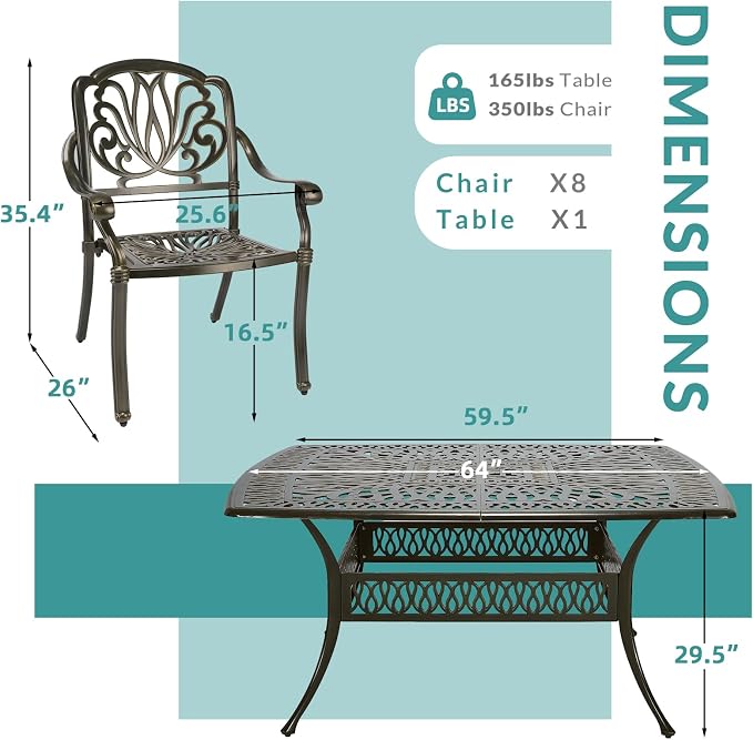 MEETWARM 9-Piece Outdoor Furniture Dining Set for 8, All Weather Cast Aluminum Patio Dining Set- Large 64" Square Table and 8 Chairs, Patio Table and Chairs Set for Garden, Umbrella Hole, Dark Bronze