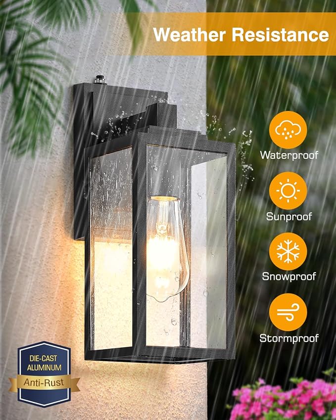 VIANIS 2 Pack Dusk to Dawn Sensor Outdoor Wall Lighting, Black Exterior Light Fixture Wall Mount for House, Anti-Rust Modern Outside Sconce Lantern with Tempered Seeded Glass for Front Porch, Garage