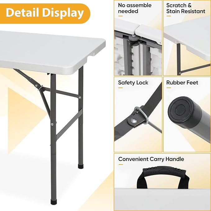 Folding Event Table, Heavy Duty Picnic Table Indoor Outdoor Camping, 4FT Portable w Handle Lock for Banquet, White