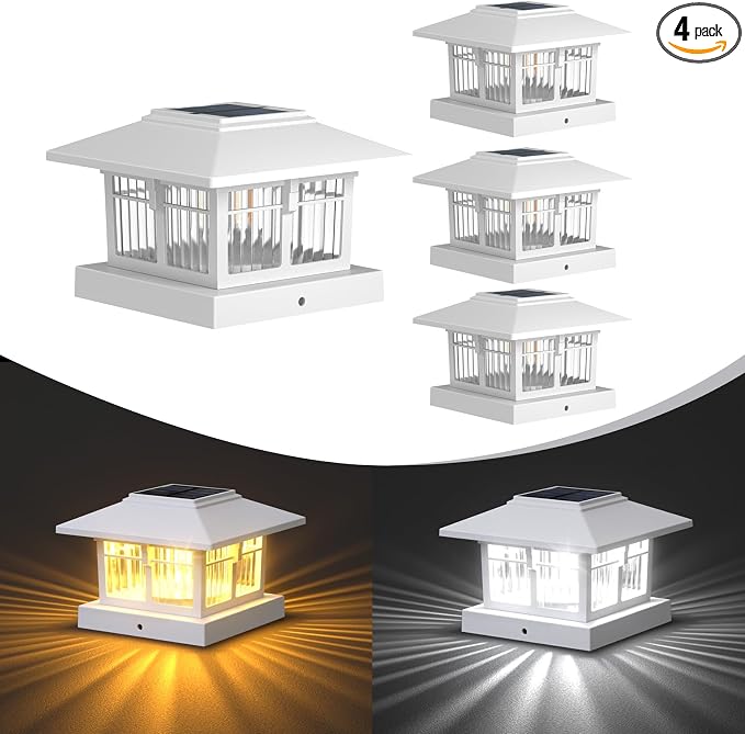 4x4 Solar Post Cap Lights, Classic White, 4 Pack, Warm & Cool White | Fits 4x4 Wooden and Vinyl Posts,Fence Deck Post Lights,Edison-style bulb
