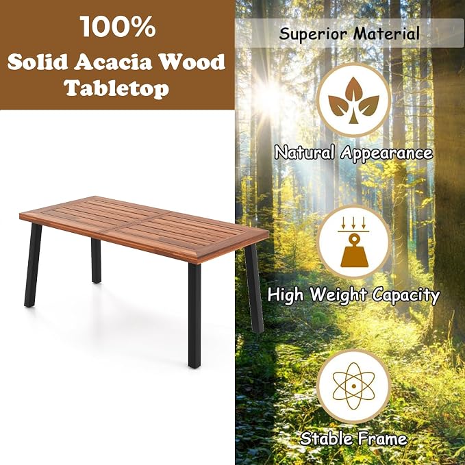 Giantex Patio Dining Table with Umbrella Hole, Outdoor Picnic Table for Backyard, Garden, Lawn, Farmhouse, Acacia Wood Rectangular Table with Metal Legs, Rustic Brown