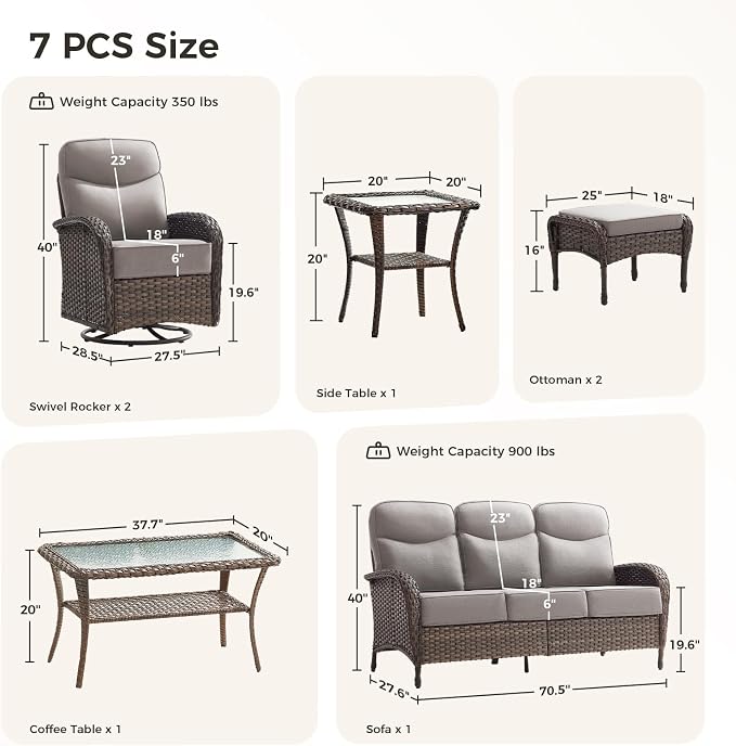 Luxury Patio Furniture Set with 6-inch Thick Cushions, Outdoor Furniture Set with High Back Swivel Chairs, 7 PCS Wicker Outdoor Conversation Set for Porch, Patio, Yard, Deck, Poolside, Brown/Beige