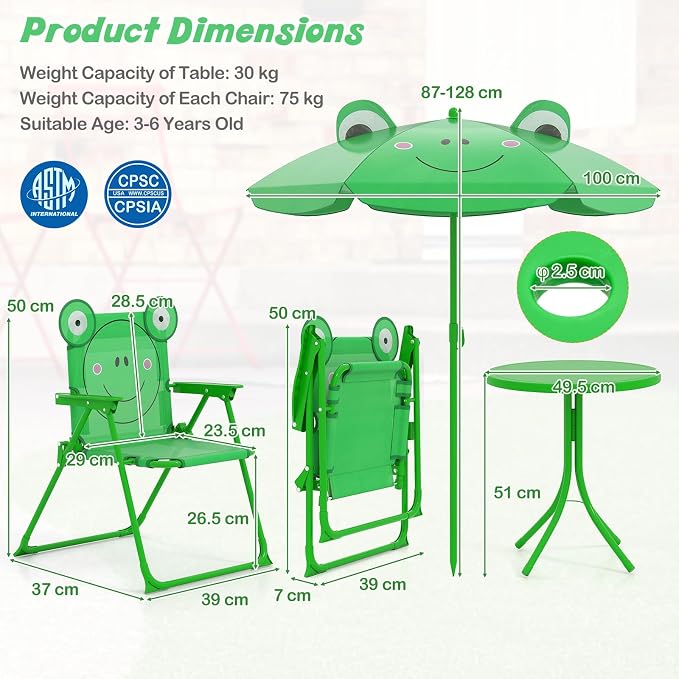 KOTEK Kids Picnic Table with Umbrella, Outdoor Table & 2 Folding Chairs, Cute Pattern Children’s Patio Furniture, Portable Kids Table and Chair Set for Backyard, Garden, Beach (Green)
