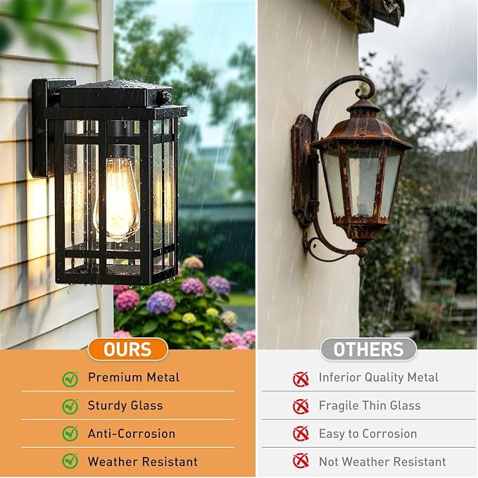 2 Packs Dusk to Dawn Outdoor Wall Lighting 9.76'', Black | Exterior Light Fixture Wall Mount for House Front Porch Light, Anti-Rust Modern Outdoor Lantern with Glass for Garage