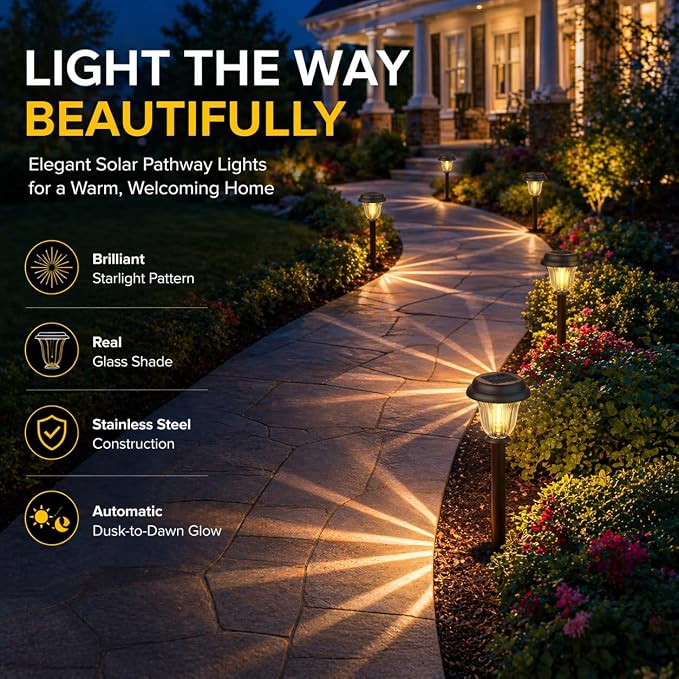DERAYSION 8 Pack Solar Lights Outdoor, Stainless Steel Glass Solar Pathway Lights, Auto On/Off Long-Lasting Waterproof Garden Lights for Landscape, Path, Yard, Driveway, Walkway Decor (Warm White)
