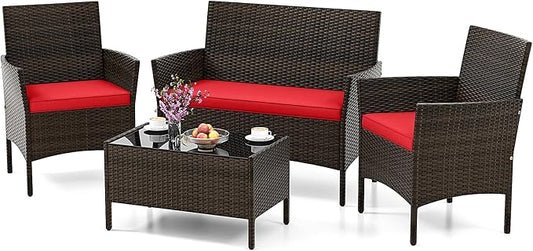 HAPPYGRILL 4 Pieces Outdoor Rattan Conversation Set, Patio Wicker Furniture Set with Loveseat Chairs & Tempered Glass Coffee Table, Outside Sectional Sofa Set for Backyard Garden Poolside, Red