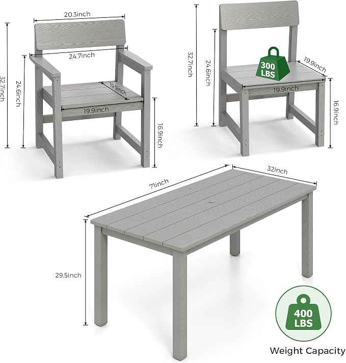 Jocoevol Patio Dining Chair Set of 2 Outdoor HIPS Patio Chair All Weather with Wide Seat and Curved Backrest, Armless Chairs for Outside Backyard/Garden/Pool/Porch/Deck 300lbs Capacity, Grey