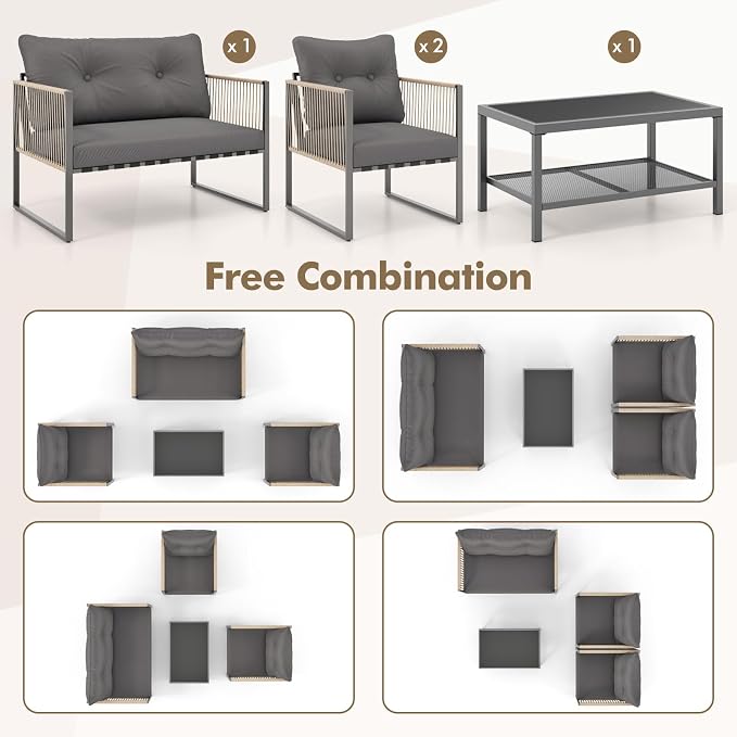 Tangkula 4 Pieces Patio Furniture Set, Outdoor PE Rattan Conversation Sofa Set with Thick Cushions and 2-Tier Tempered Glass Coffee Table for Garden, Porch, Balcony and Backyard (Grey,1)