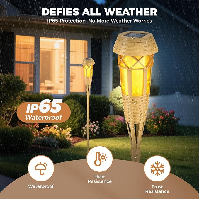 Flickering Flames Solar Powered Lights - Upgraded Solar Torches Waterproof Outdoor Decorative Lighting Auto On/Off, Handmade Bamboo Finish (Yellow-8pack-new)