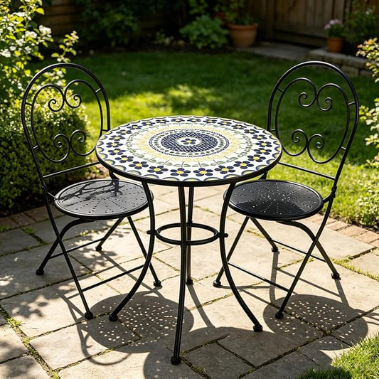 3 Piece Bistro Sets Mosaic Tile Round Table Folding Chairs Garden | Set of 3 Patio Furniture 23.6" Table and 2 Chairs Outdoor Bistro Chairs Artistic Table for Balcony Porch Apartment Backyard