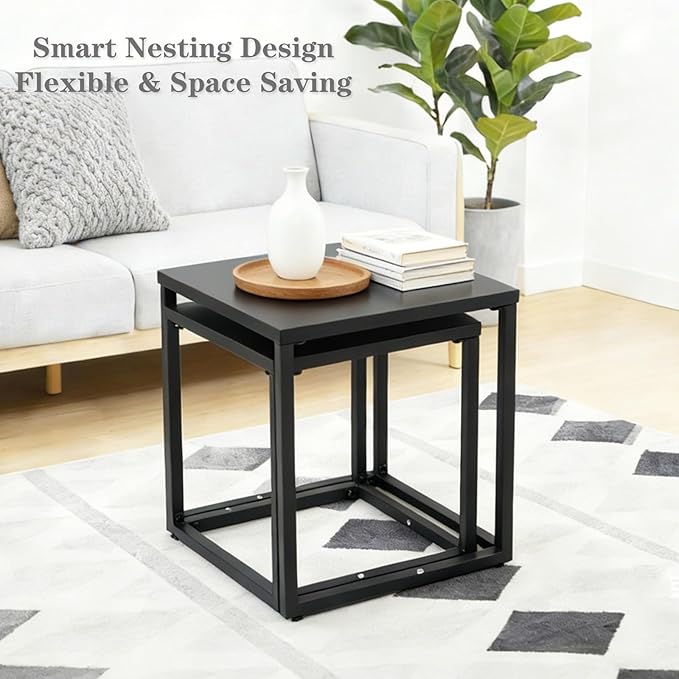 Meluvici Patio Outdoor Coffee Table Set of 2, Weather Resistant Steel Square End Tables, Outdoor Nesting Tables for Patio, Balcony, Bistro and Indoor, Black (Black)