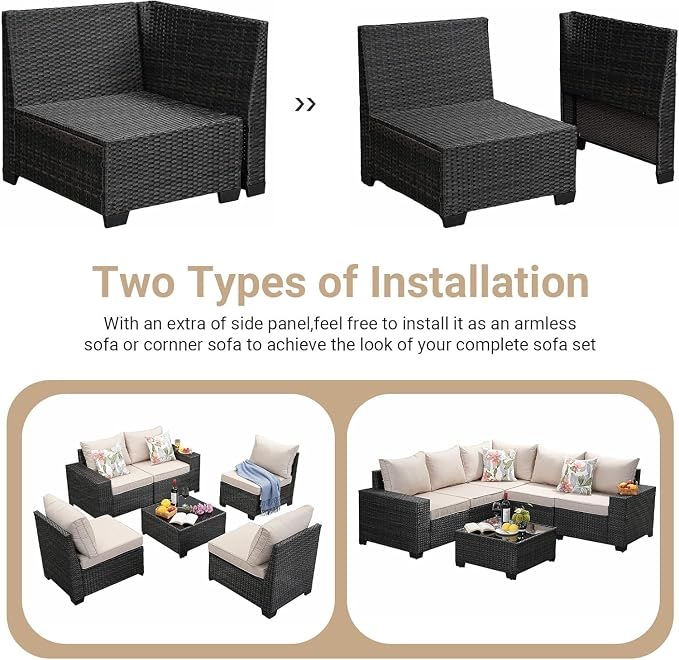 Patio Furniture Set, 8 Pieces Outdoor Couch Sofa with Wider Armrests & Glass Coffee Table, Outdoor Sectional Furniture with Thick Cushions for Party, Poolside,Garden-Beige