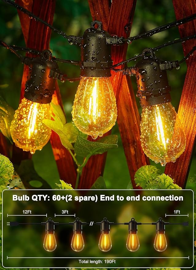 Brightown Outdoor String Lights 190FT with 60+2 Shatterproof Edison Bulbs, Waterproof Hanging Patio Lights Outside for Backyard Deck Garden Party Xmas Decor, 2700K