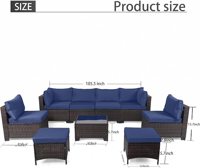 CHABATREE 7-Piece Outdoor Patio Furniture Sets, Manual Weaving Rattan Conversation Sectional Sofa with Tempered Glass Coffee Table, All-Weather PE Wicker & Thick Cushions for Garden, Backyard, Porch