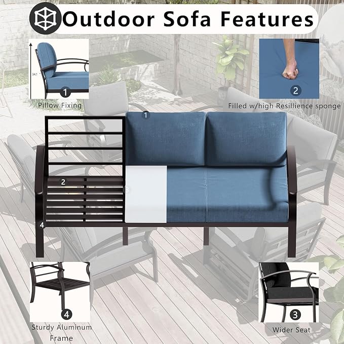 Patio Furniture Set 7-Piece Aluminum Armrest Sofa, Modern Outdoor Living Room Set with 55000 BTU Propane Aluminum Fireplace, Outdoor Rotary Joystick with Thick Cushion