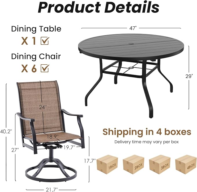 Soohow Outdoor Dining Set for 6, 7-Piece Round Table Patio Dining Set, 6 x Swivel Patio Chairs and 1 x 47 Round Outdoor Dining Table, for Poolside, Backyard and Proch