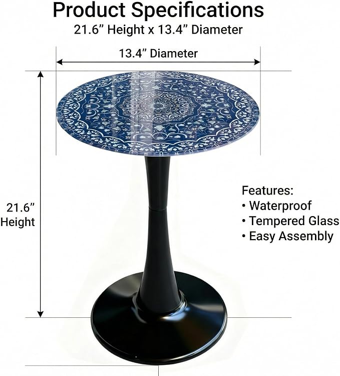 Gesodant 13.4" Outdoor Side Table, Round Patio Bistro Table with Boho Tempered Glass Top, Waterproof Rust-Proof Base, Small Plant Stand for Balcony, Garden, Deck, 21.6" H (Blue Maze)