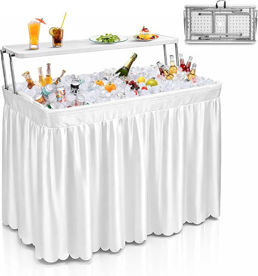 4ft Portable Ice Cooler Folding Table, Dual-Level Design, Built-in Drain, Detachable Skirt, Perfect for Outdoor Parties, Camping, Picnics, Pools, White