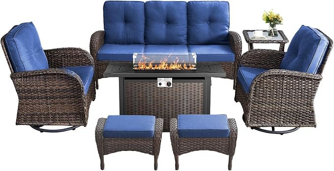 7 Pieces Outdoor Furniture with Fire Pit Deep Seating Wicker Patio Couch with Patio Swivel Chairs Outdoor Furniture Set for Deck Porch Garden Balcony Poolside-Brown/Blue