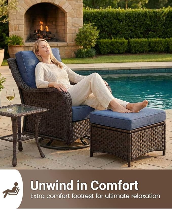 9 Pieces Outdoor Furniture Set with 6-inch Cushions, High Back Wicker Swivel Rocker Chairs with Coffee Table, Luxury Conversation Set for Deck Patio and Poolside