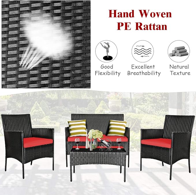 Tangkula 8 Piece Patio Furniture Set, Outdoor Wicker Conversation Set with Tempered Glass Coffee Table, Rattan Loveseat & Chairs Set with Seat Cushions for Backyard, Garden, Poolside (2, Red)