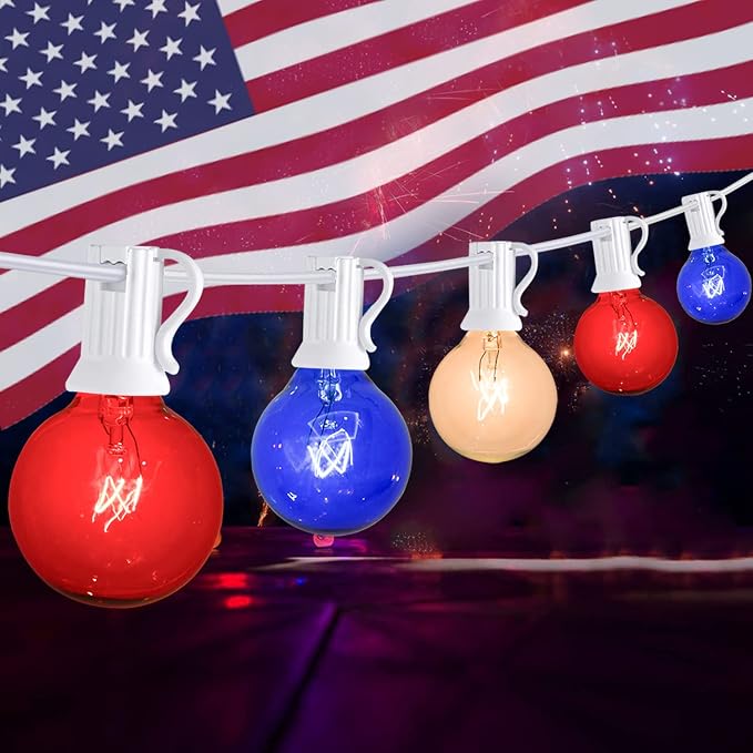 4th of July Decorations String Lights, 25Ft Outdoor Patio String Lights with 27 G40 Red White and Blue Light Bulbs(2 Spare), Independence Day Lights for Patriotic Party Garden Festival Decor- White