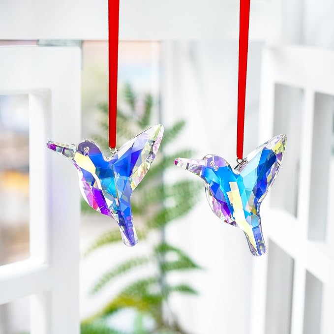 2 Pcs 3 Inch AB Coating Crystal Hummingbird Suncatcher Hanging Window Decor | AB Colored Crystal Glass Hummingbird Prisms Sun Catchers Hanging Pendants Set of 2 for Window Garden Christmas Tree Decor